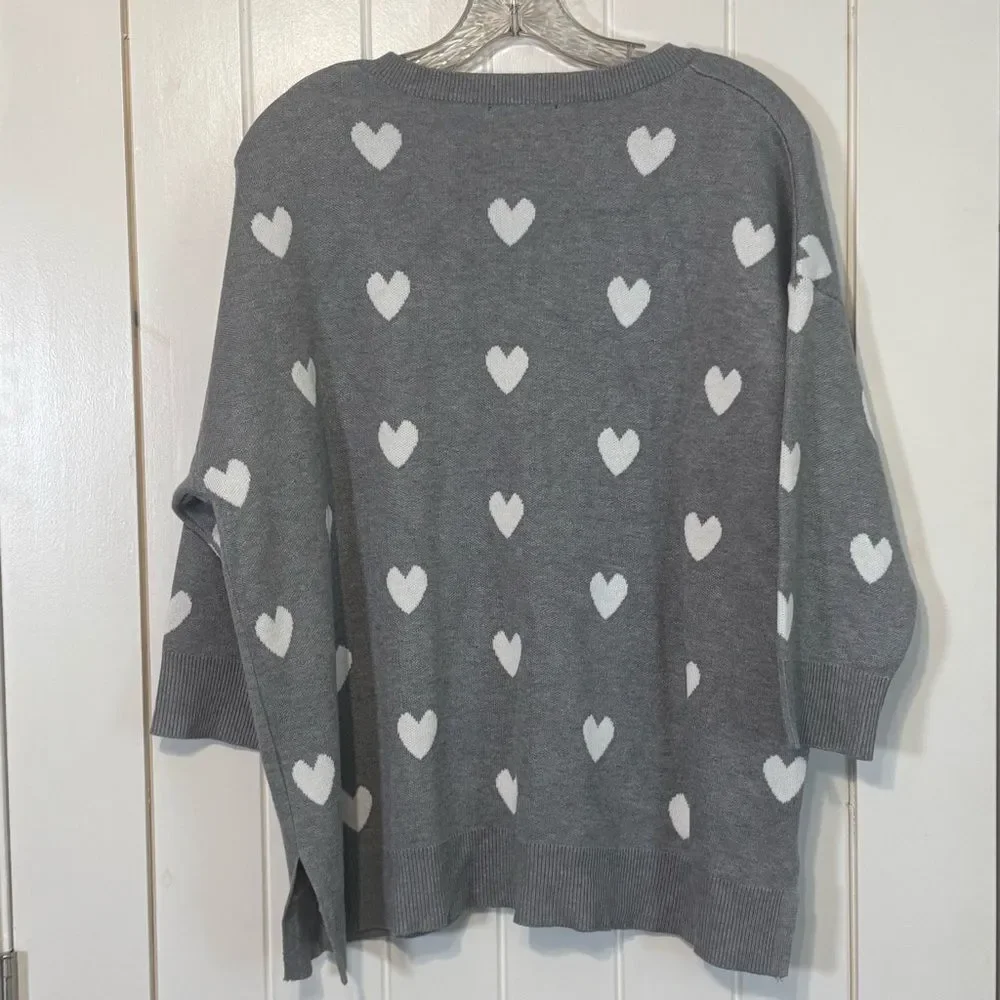 Cable & Gauge Gray V-Neck Sweater White Hearts 3/4 Sleeves